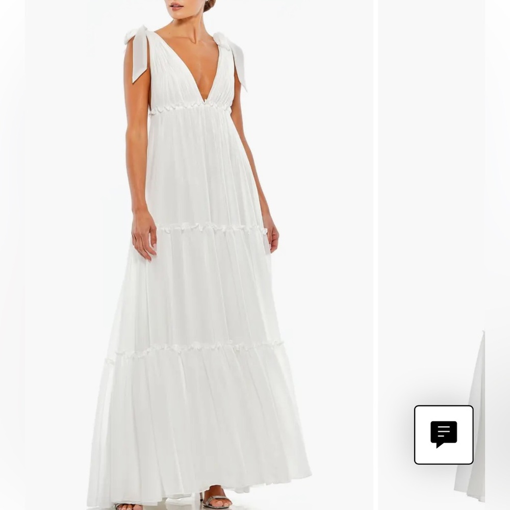Mac Duggal Tiered V-Neck Plunging White Maxi Dress with Bow Straps